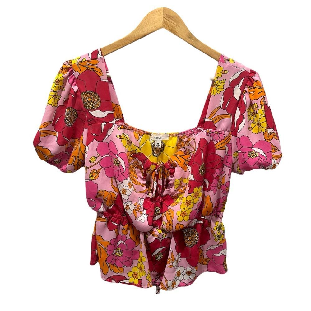 Persaya Floral Cap Sleeve Top Square Neckline Boho Retro-Inspired Feminine Chic